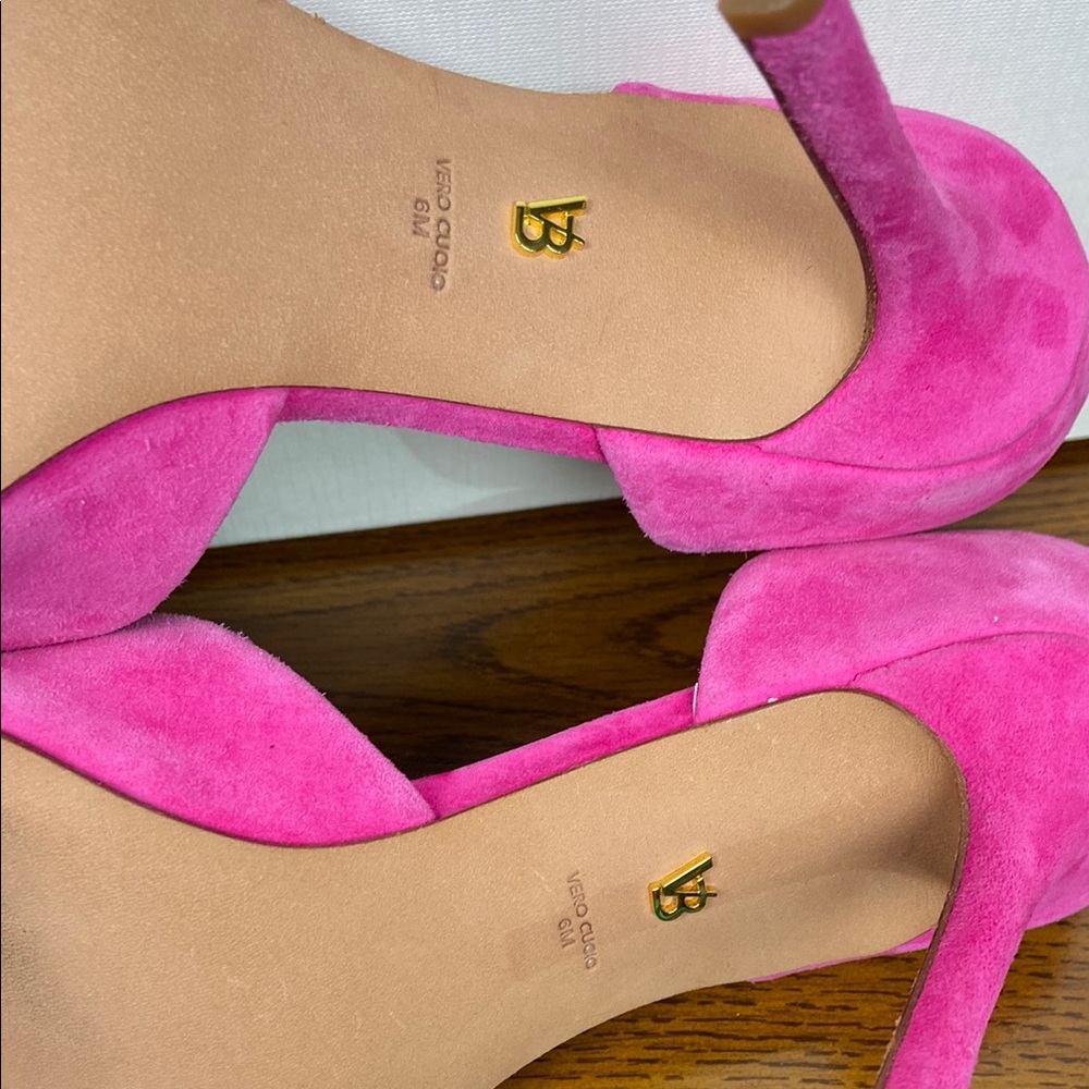 Veronica Beard Gadot Fuschia Suede‎ Leather Peep-Toe Heels Size 6M Barbie Pink - Picture 9 of 12
